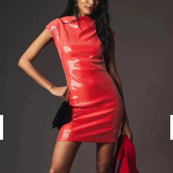 New🆕 Anthropologie Sequins Cowl High Neck Red Dress Maya Shine Sparkle Cocktail